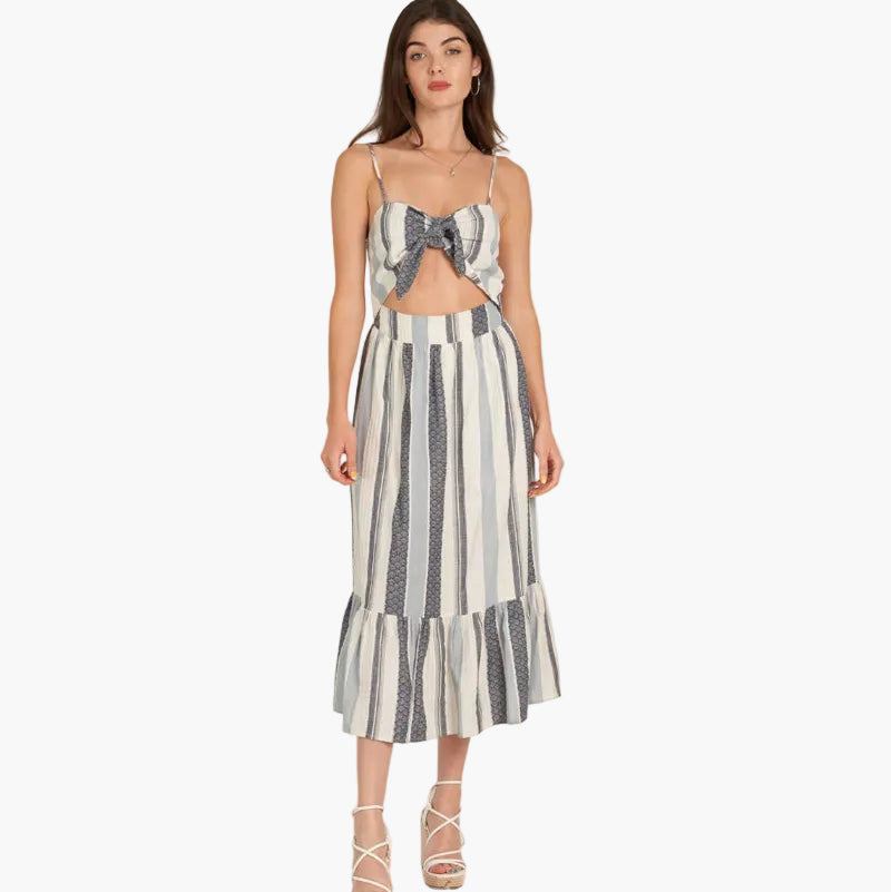 Striped Tie Front Cut-Out Midi Dress