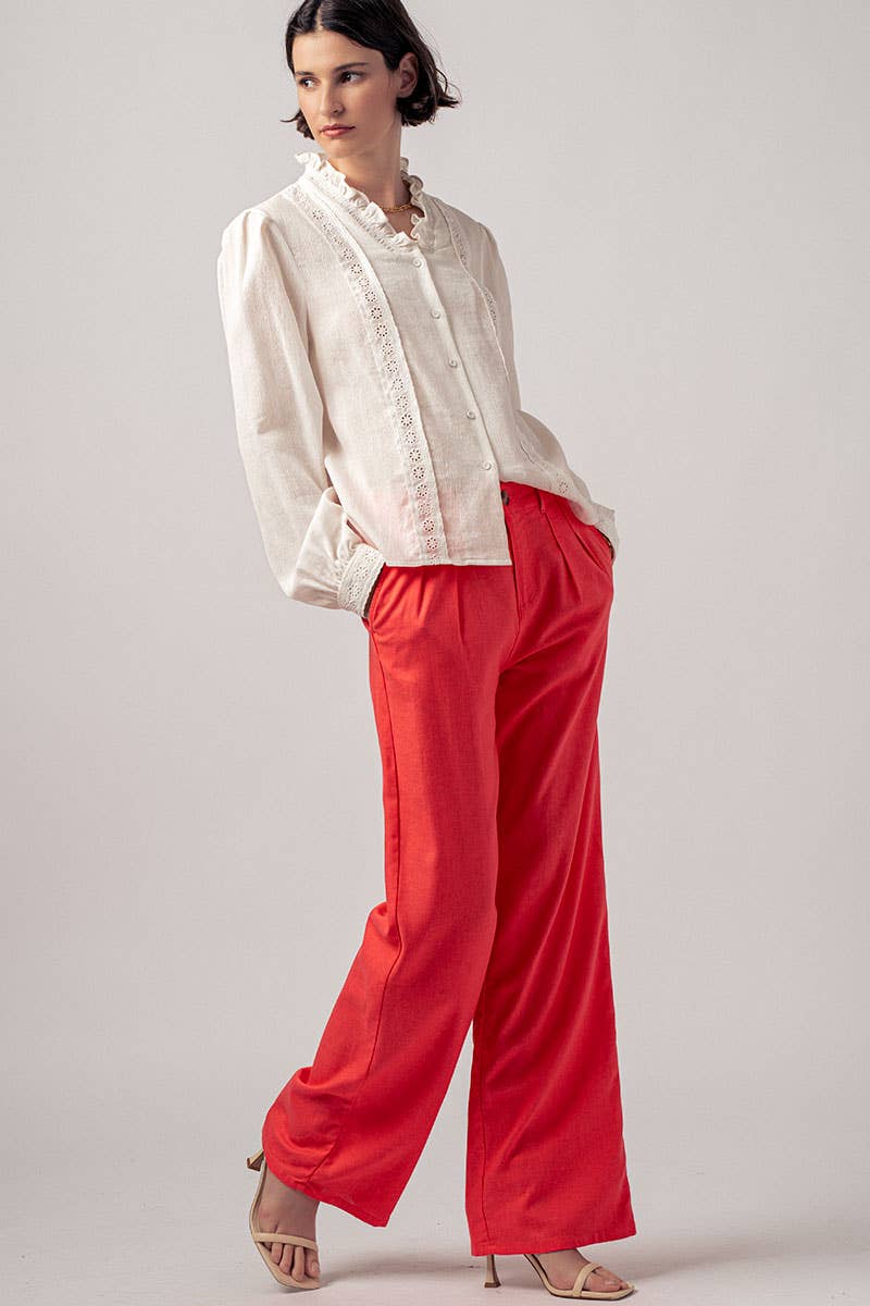 Ruffle Neck Lace Trim Button Down Long Sleeve Blouse