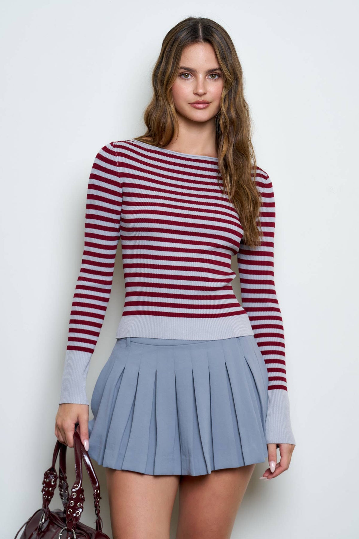 Light Grey Boat Neck Stripe Ribbed Sweater Top