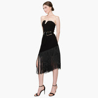 Strapless Belted Fringe Midi Dress