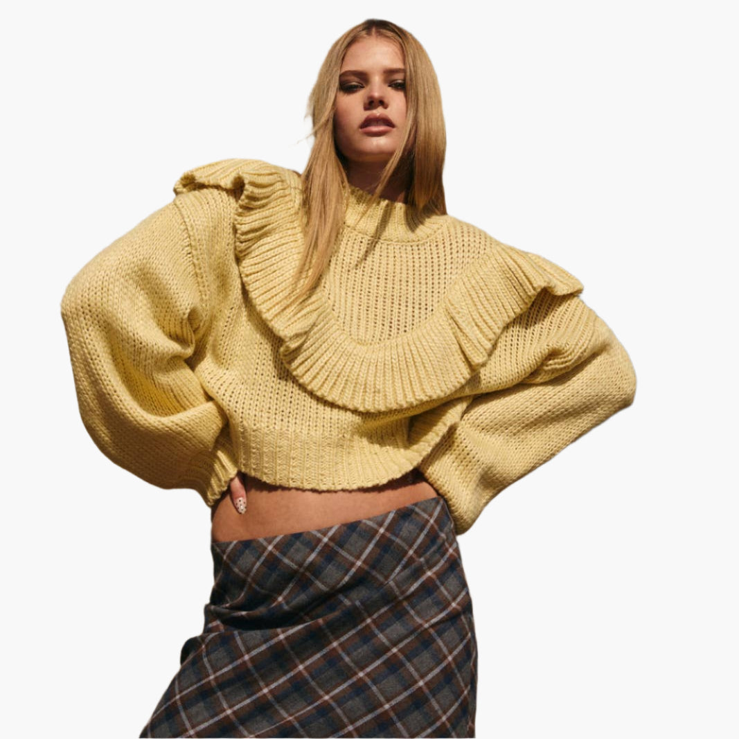 Yellow Ruffle Detail Cropped Sweater