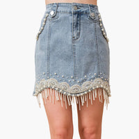 Denim Embellished Fringe Mini Skirt