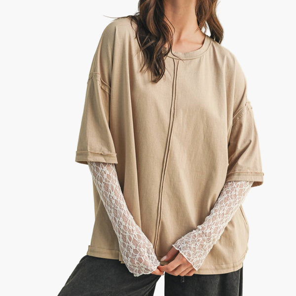 Oatmilk Lace Sleeve Oversized Top