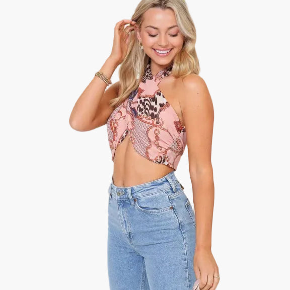 Scarf Print Halter Twist Crop Top