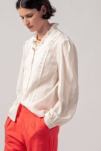 Ruffle Neck Lace Trim Button Down Long Sleeve Blouse