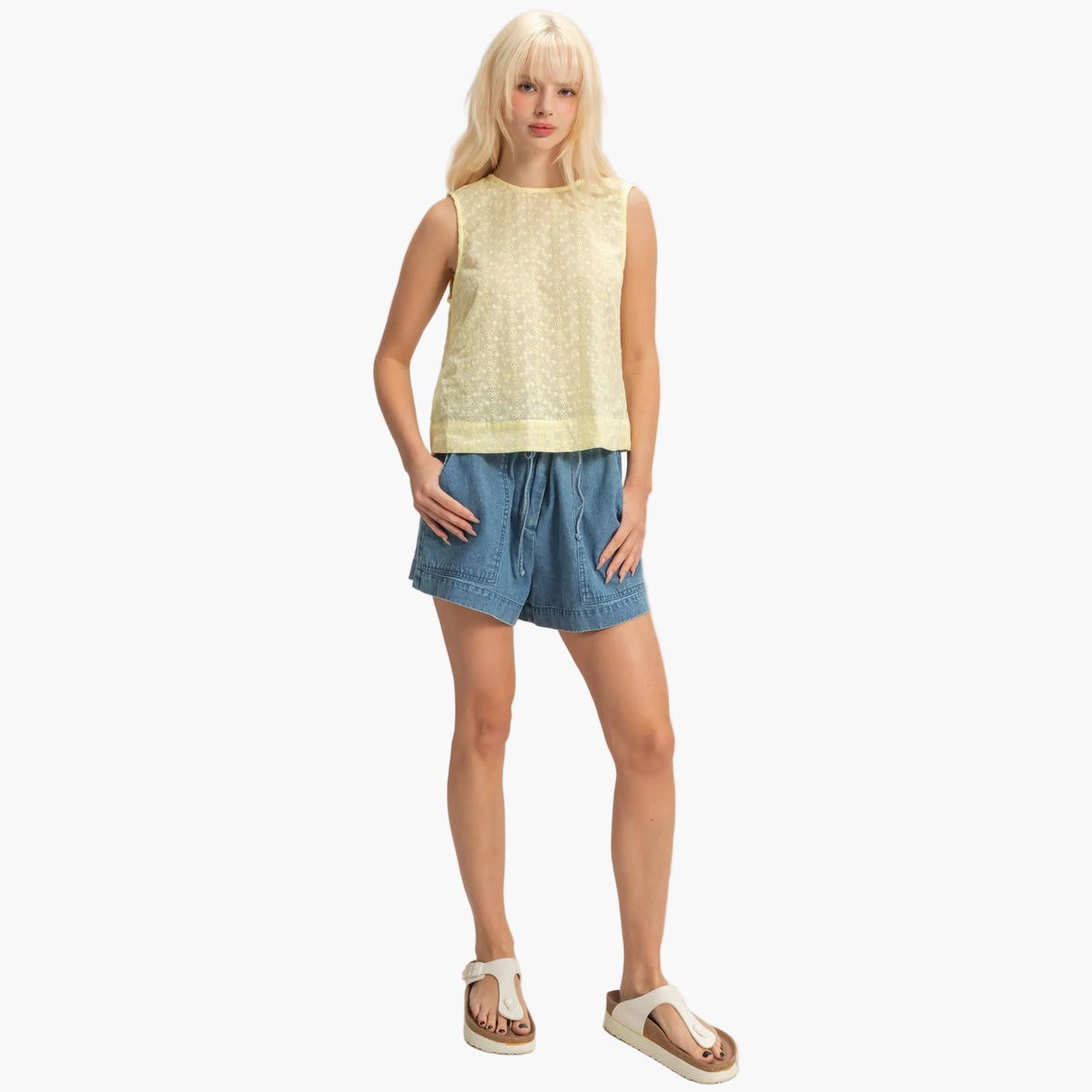 Elastic Waist Patch Pocket Denim Shorts
