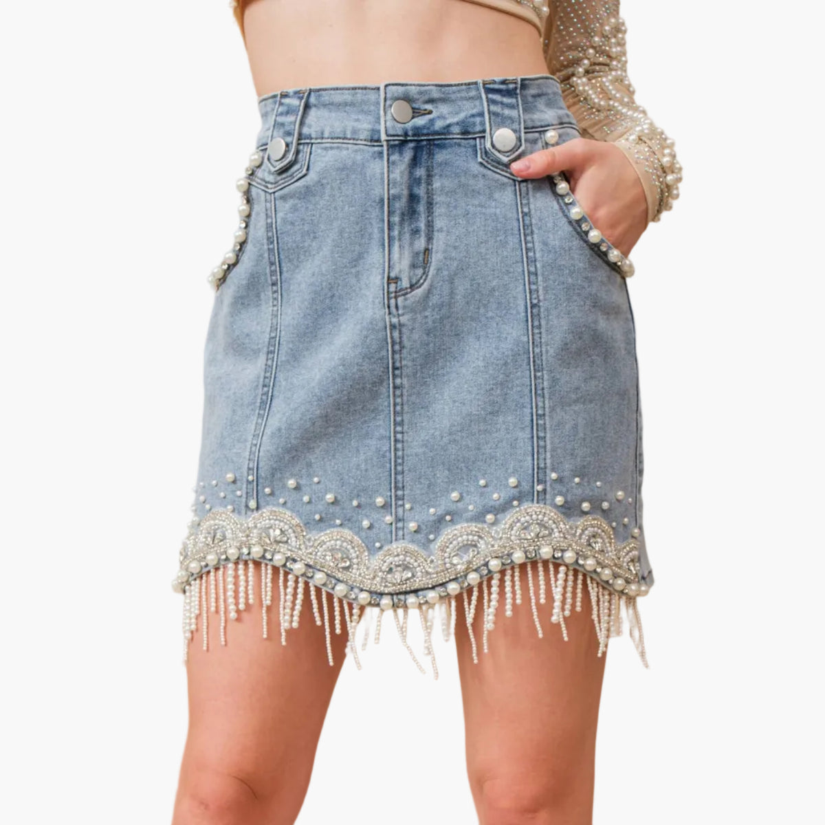 Denim Embellished Fringe Mini Skirt