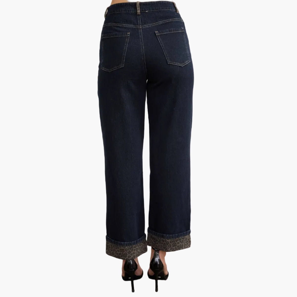 Leopard Cuff Detail Wide Leg Denim Jeans