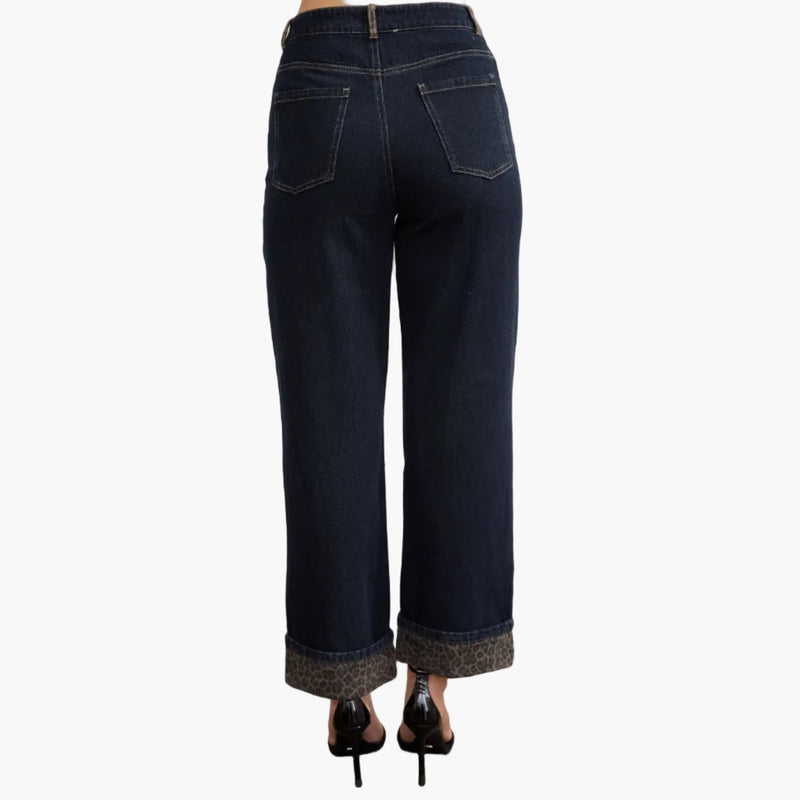 Leopard Cuff Detail Wide Leg Denim Jeans