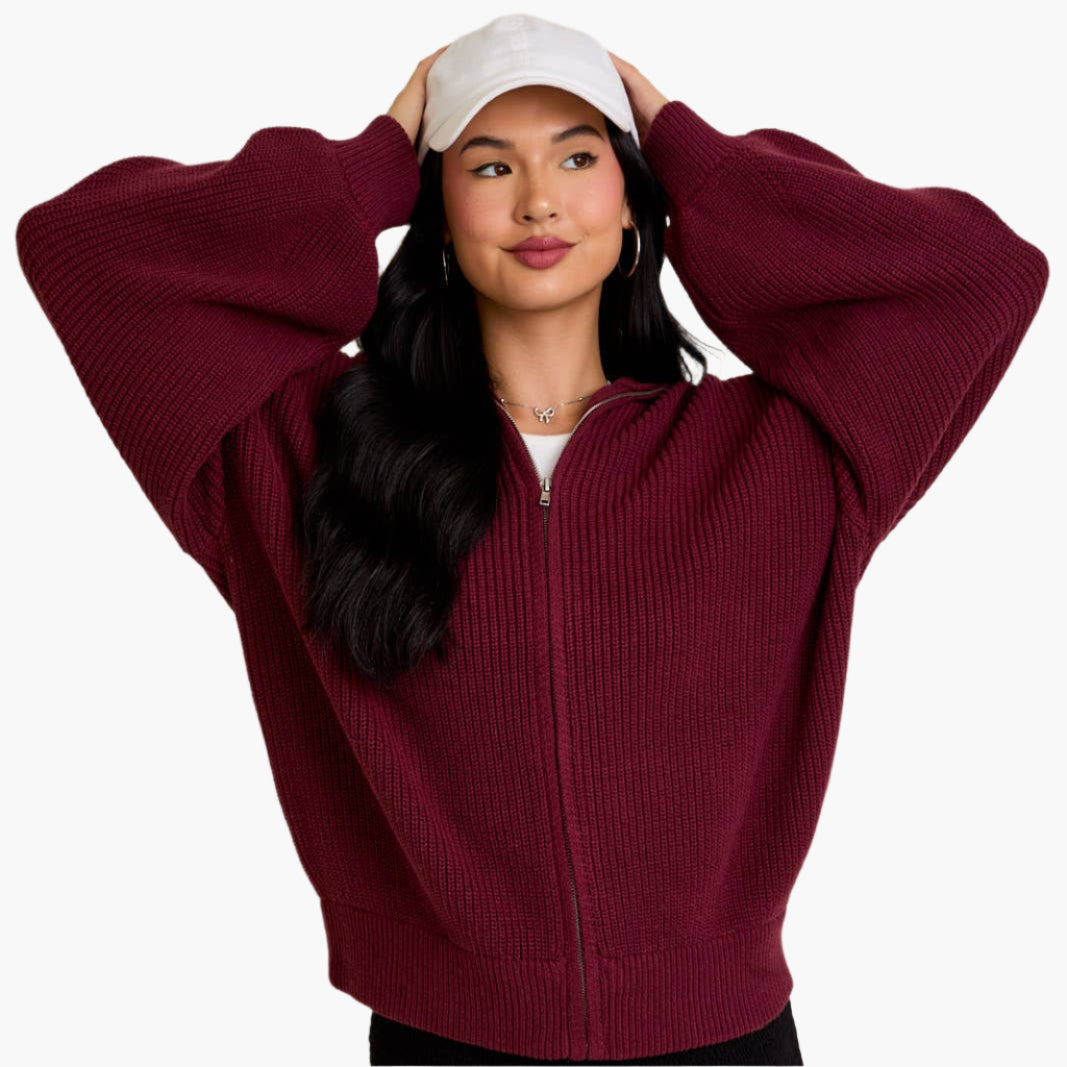Burgundy Oversized Zip Up Sweater