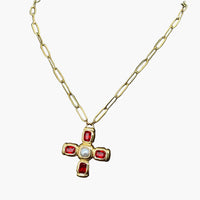 Red Zircon Cross Charm 18K Gold Plated Necklace