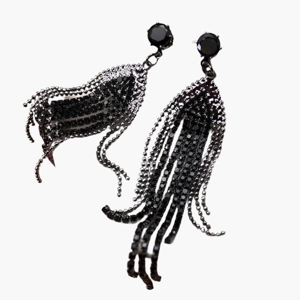 Black Rhinestone Fringe Drop Earings