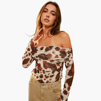 Cow Print Mesh Off Shoulder Top