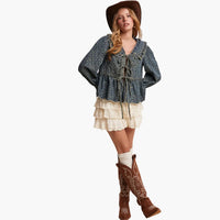 Ruffle Collar Tie-Front Denim Blouse