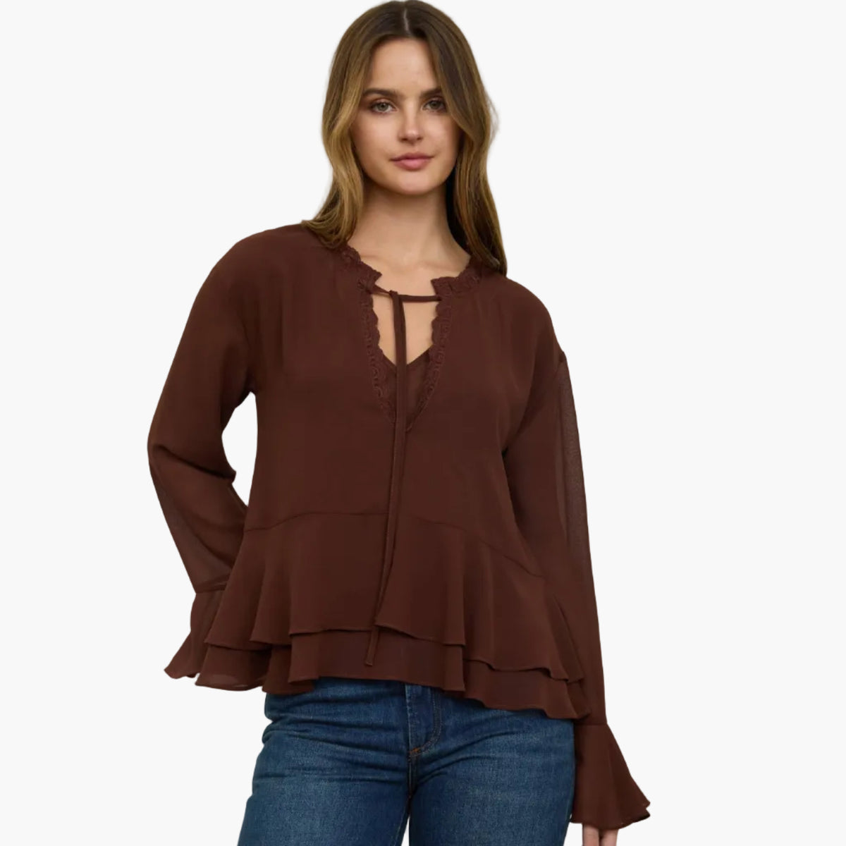 Tiered Ruffle Tie Neck Blouse