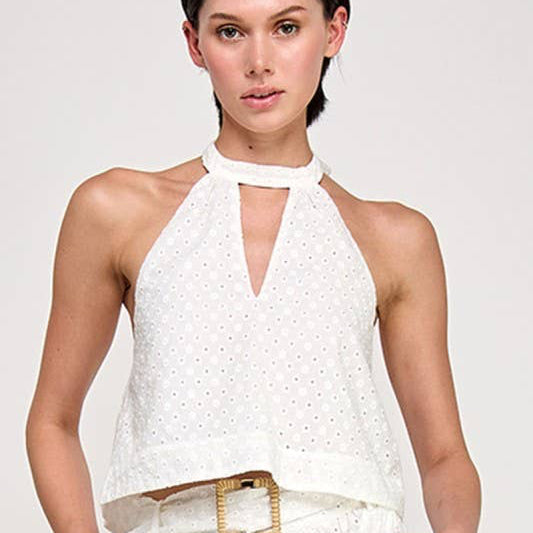 Eyelet Cotton Halter Tie-Back Top