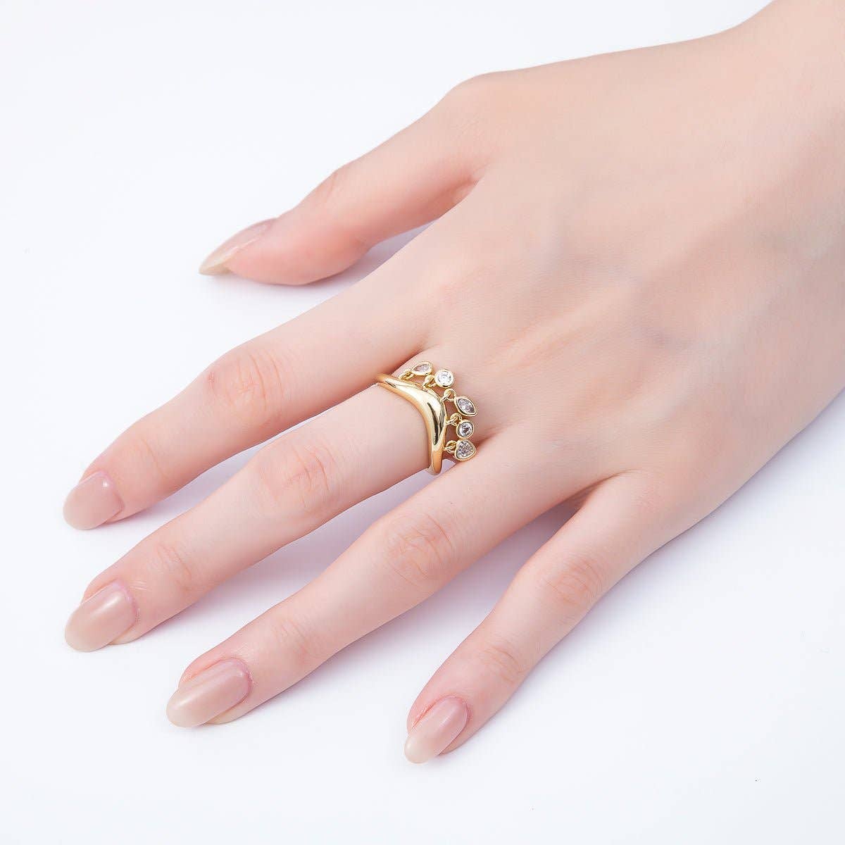 16K Gold Filled Clear CZ Drop Geometric Curved Ring