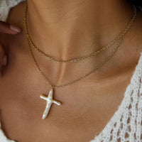 Aurise 18K Gold Plated Non-Tarnish Freshwater Pearl Cross Necklace