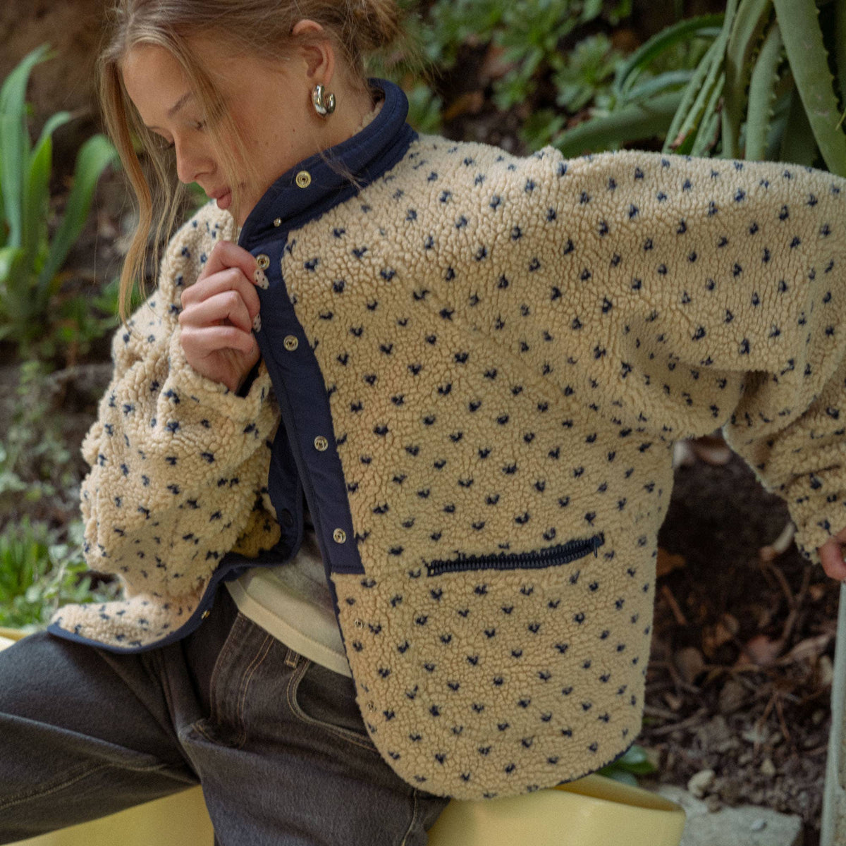 Beige Button Front Pattern Sherpa Jacket