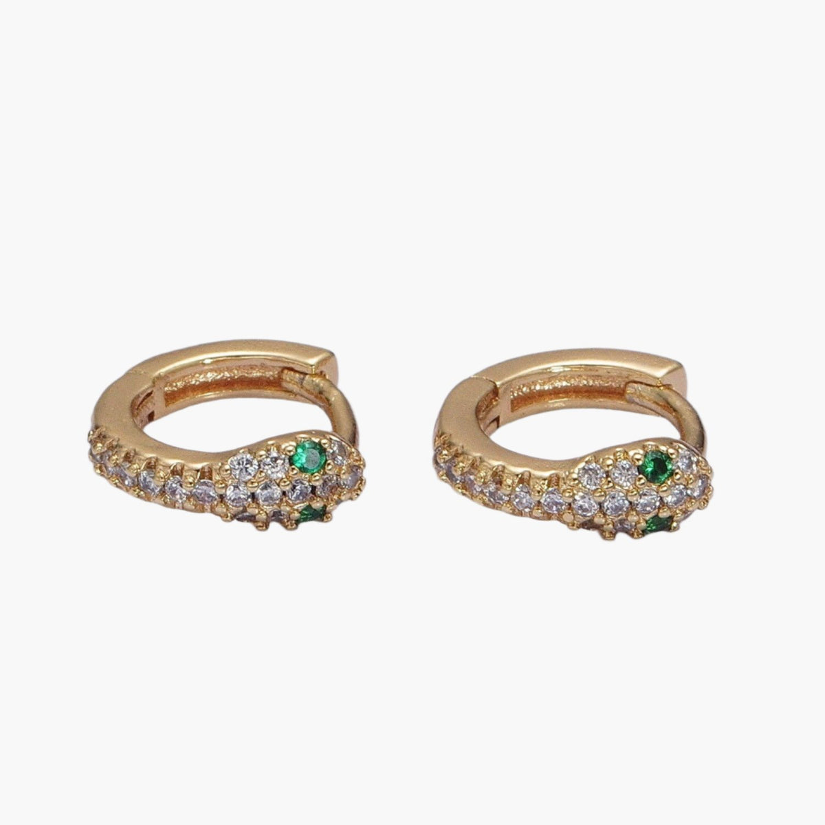 16K Gold Filled Green-Eyed CZ Snake Serpent Huggie Earrings