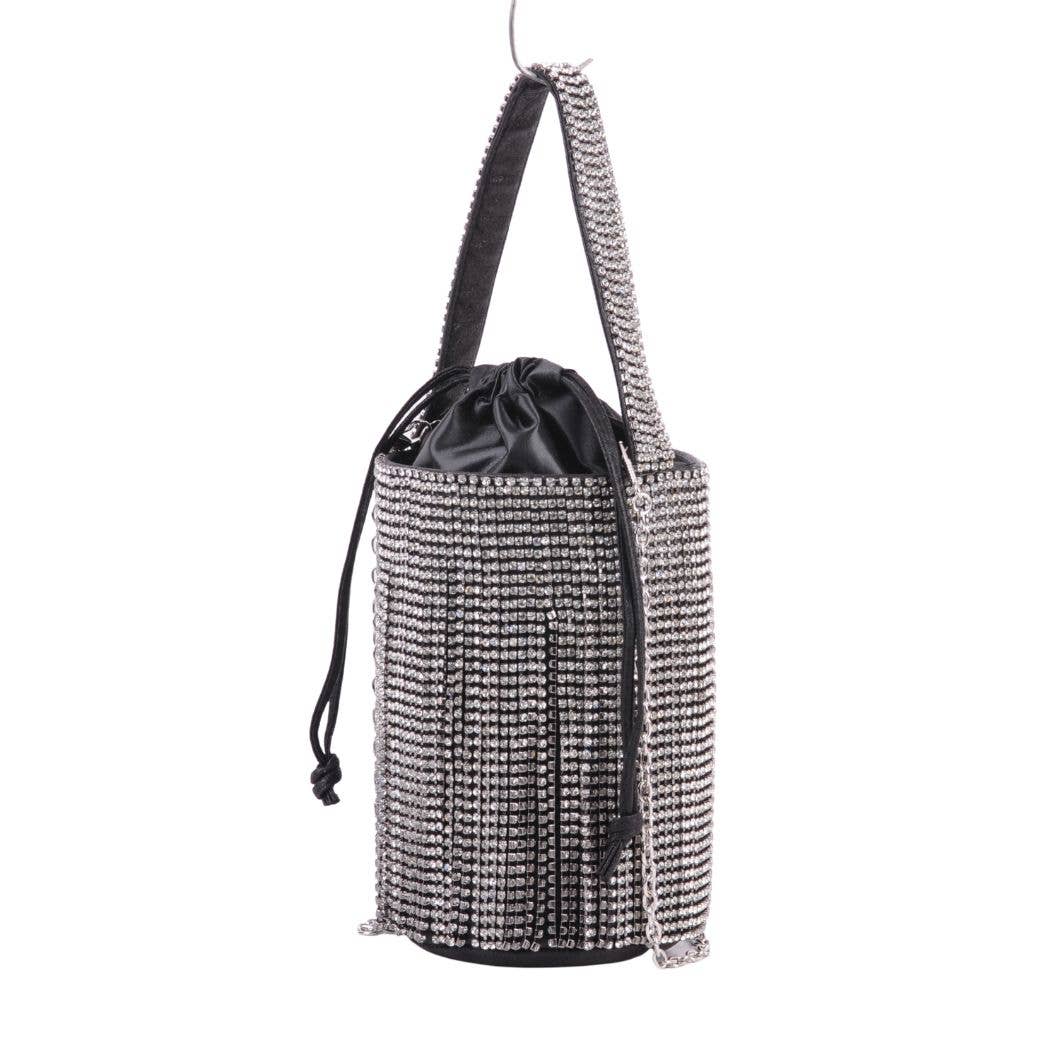 Black Rhinestone Fringe Drawstring Handbag