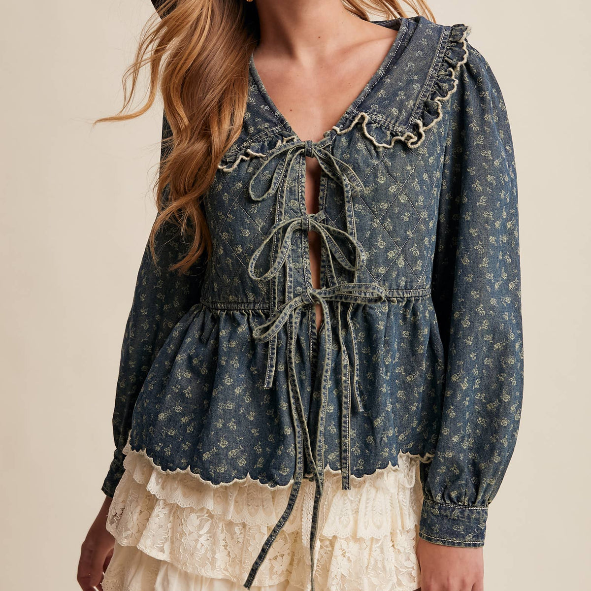 Ruffle Collar Tie-Front Denim Blouse