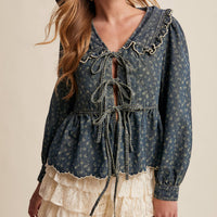 Ruffle Collar Tie-Front Denim Blouse