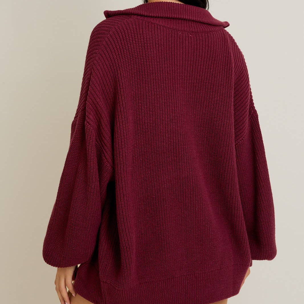 Burgundy Oversized Zip Up Sweater
