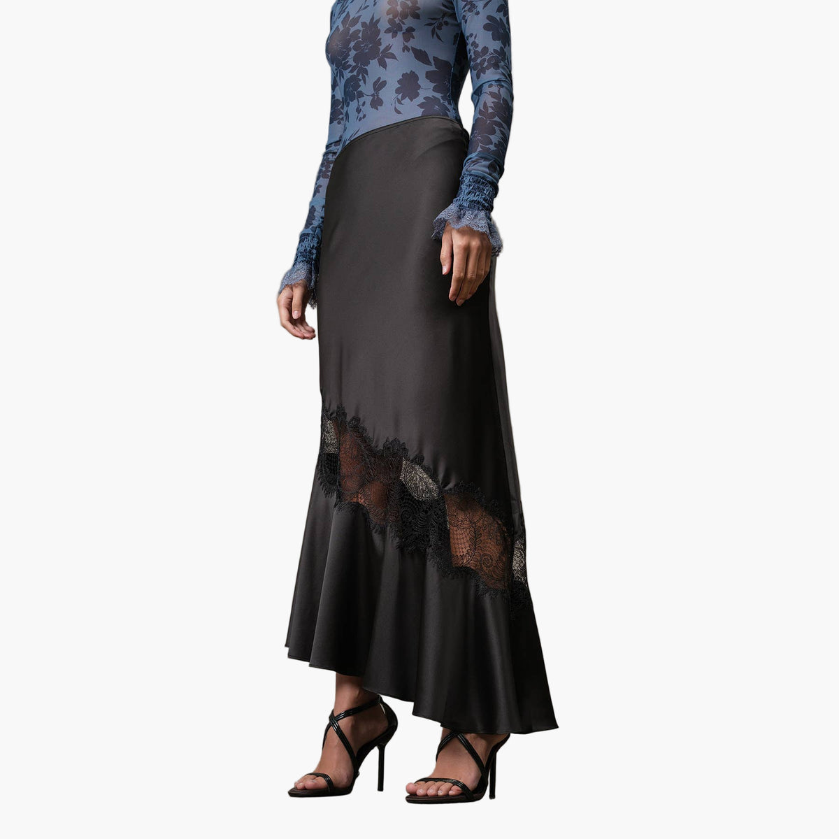 Black Satin Bias Lace Panel Skirt