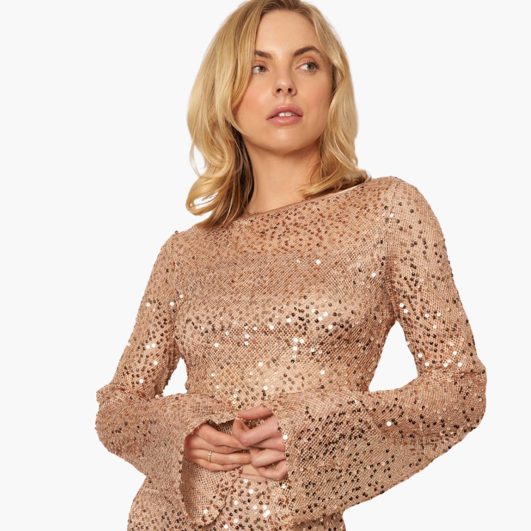 Gold Long Sleeve Sequin Cropped Top