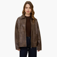 Washed Faux Leather Collared Zip Up Jacket