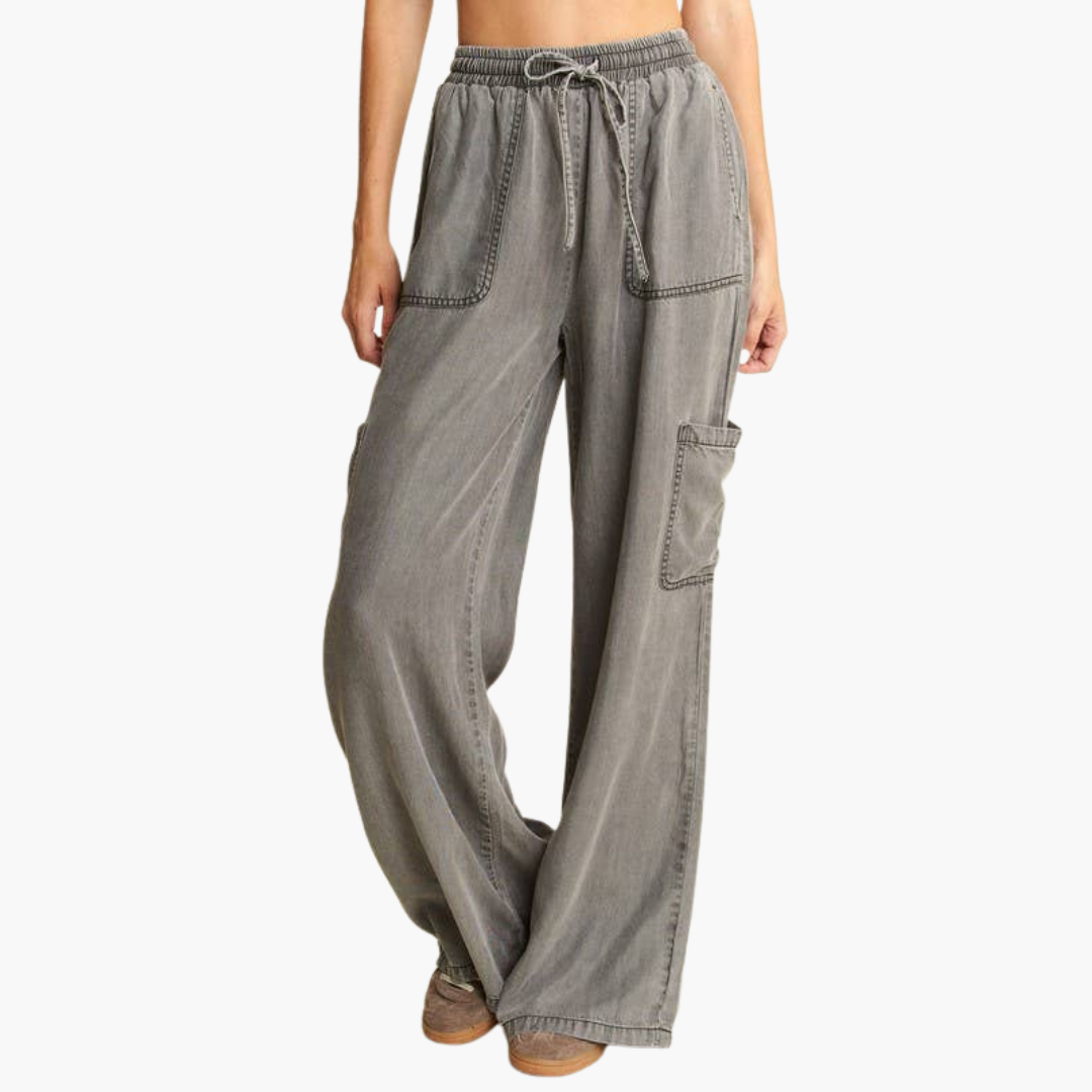 Charcoal Mineral Wash Tercel Wide Leg Pants