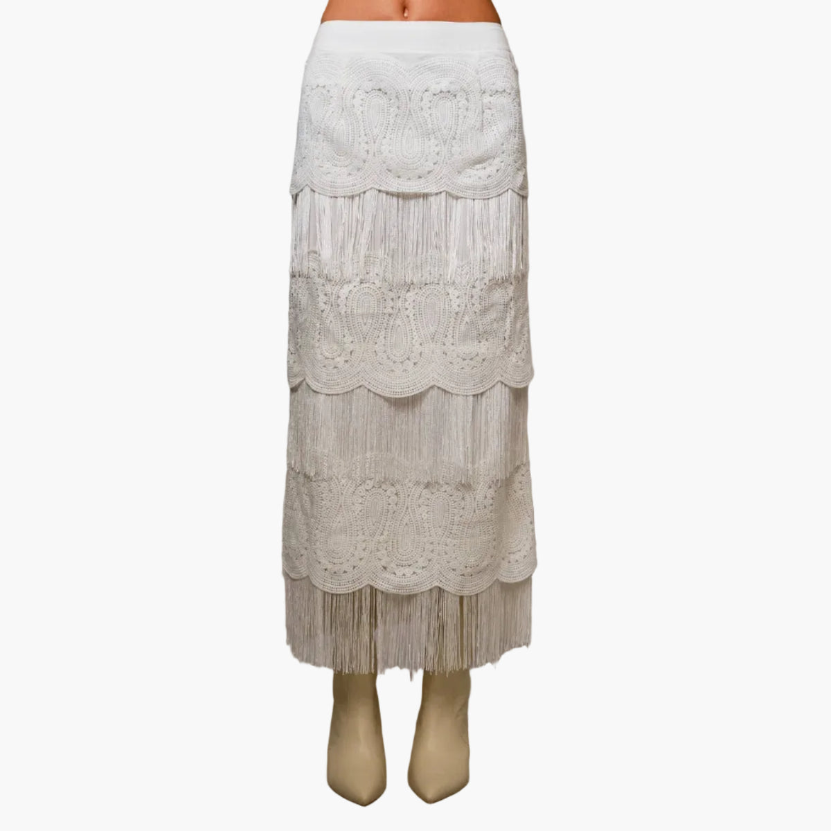Tiered Western Lace & Fringe Maxi Skirt