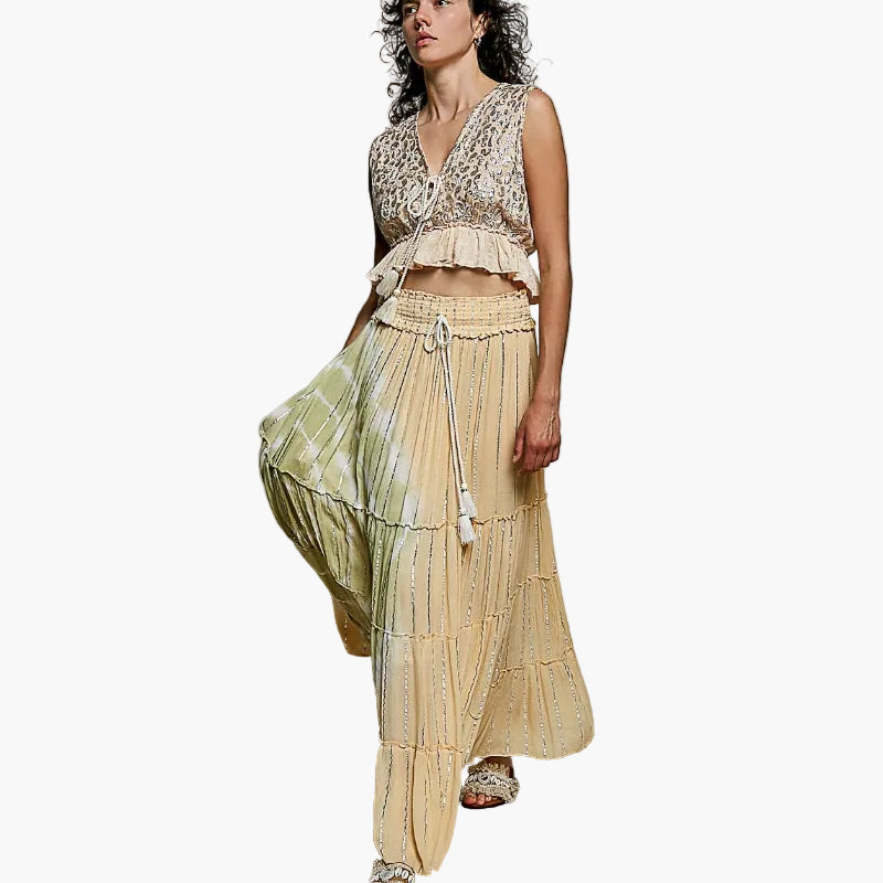 Smocked Waist Tassel Maxi Skirt