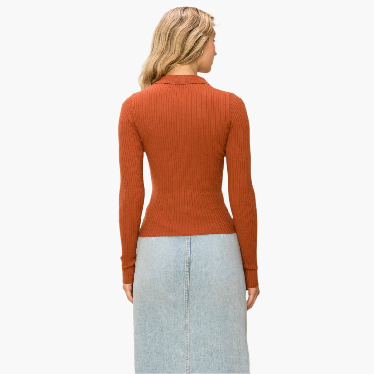 Clay Collared Ribbed Long Sleeve Top