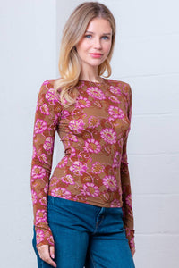Brown Pink Floral Printed Long Sleeve Top