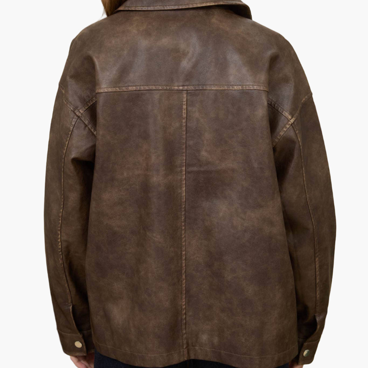 Washed Faux Leather Collared Zip Up Jacket