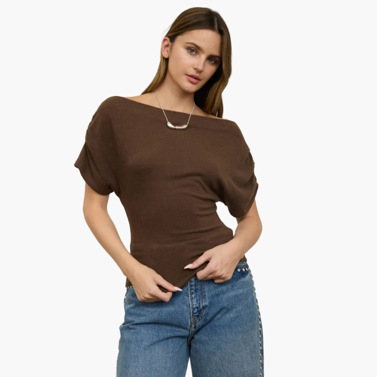 Brown Asymmetrical One Shoulder Knit Top