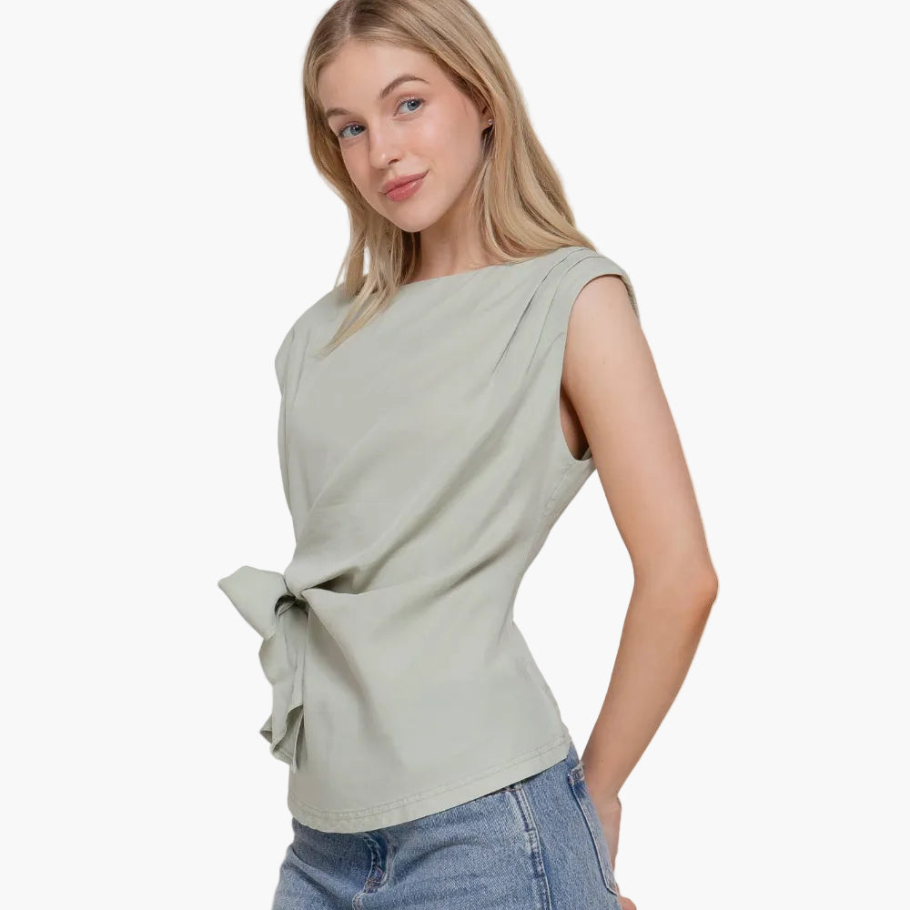 Sleeveless Boat Neck Lyocell Top with Bow Detail