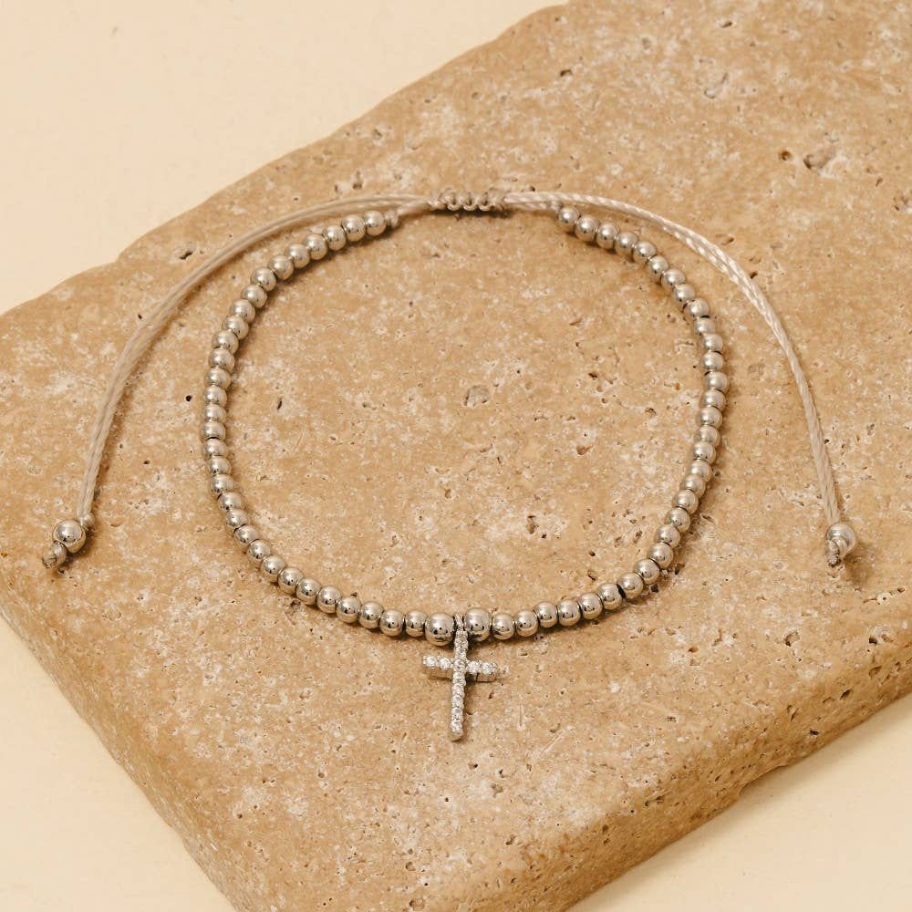 Cz Pave Cross Charm Beaded Cord Bracelet