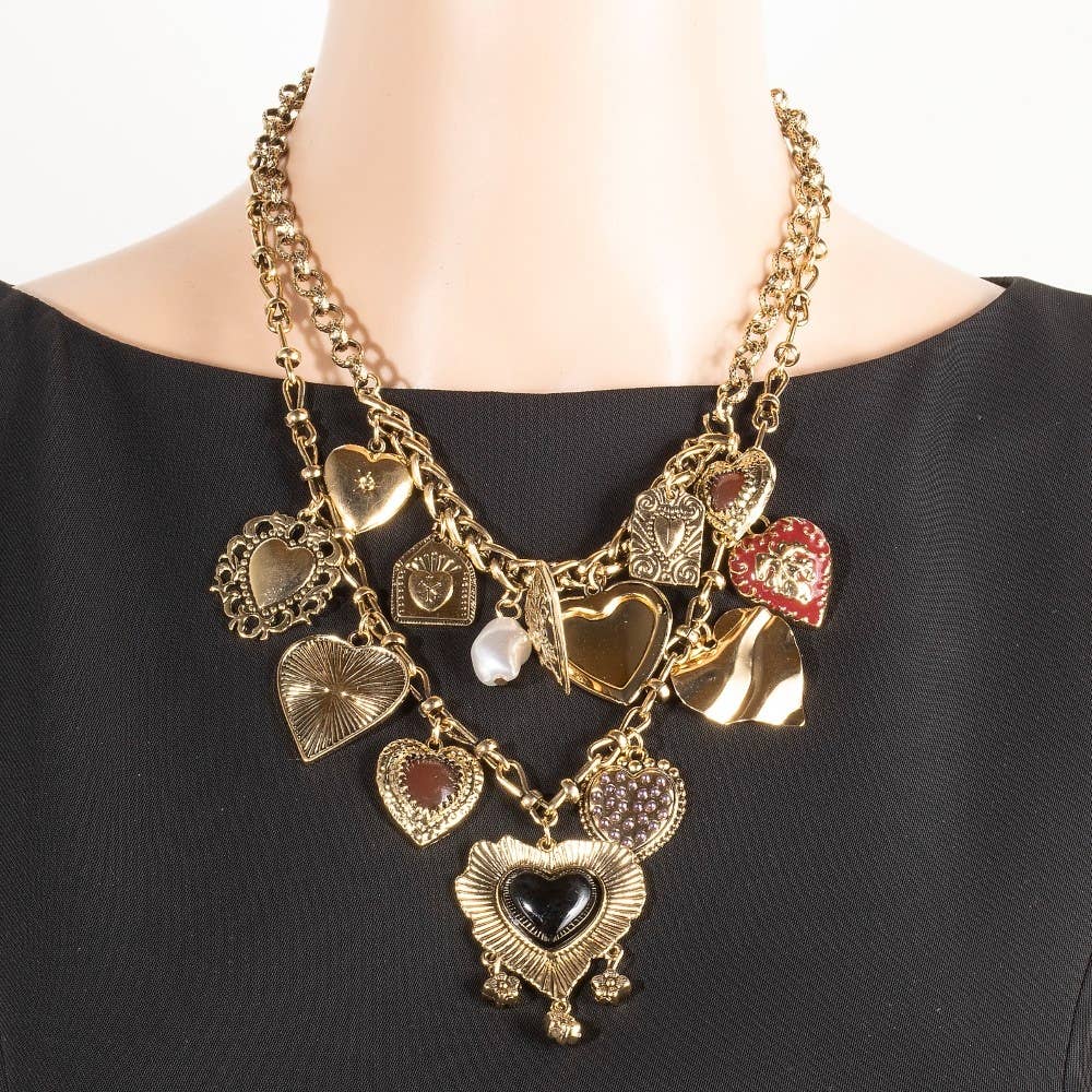 Assorted Pearl And Heart Charms Statement Necklace