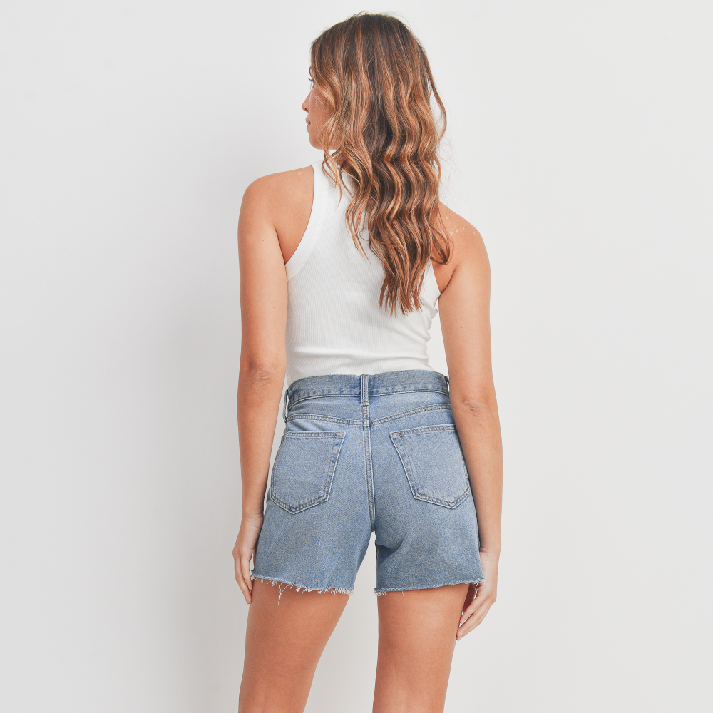 Medium Wash High Rise Distressed Boyfriend Short