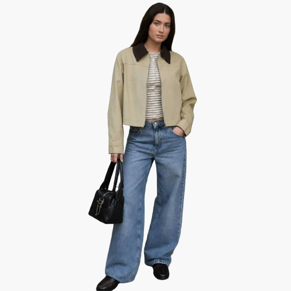 Khaki Contrast Corduroy Collar Zip Up Jacket