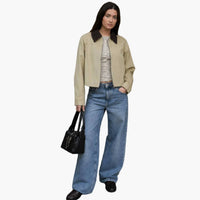 Khaki Contrast Corduroy Collar Zip Up Jacket