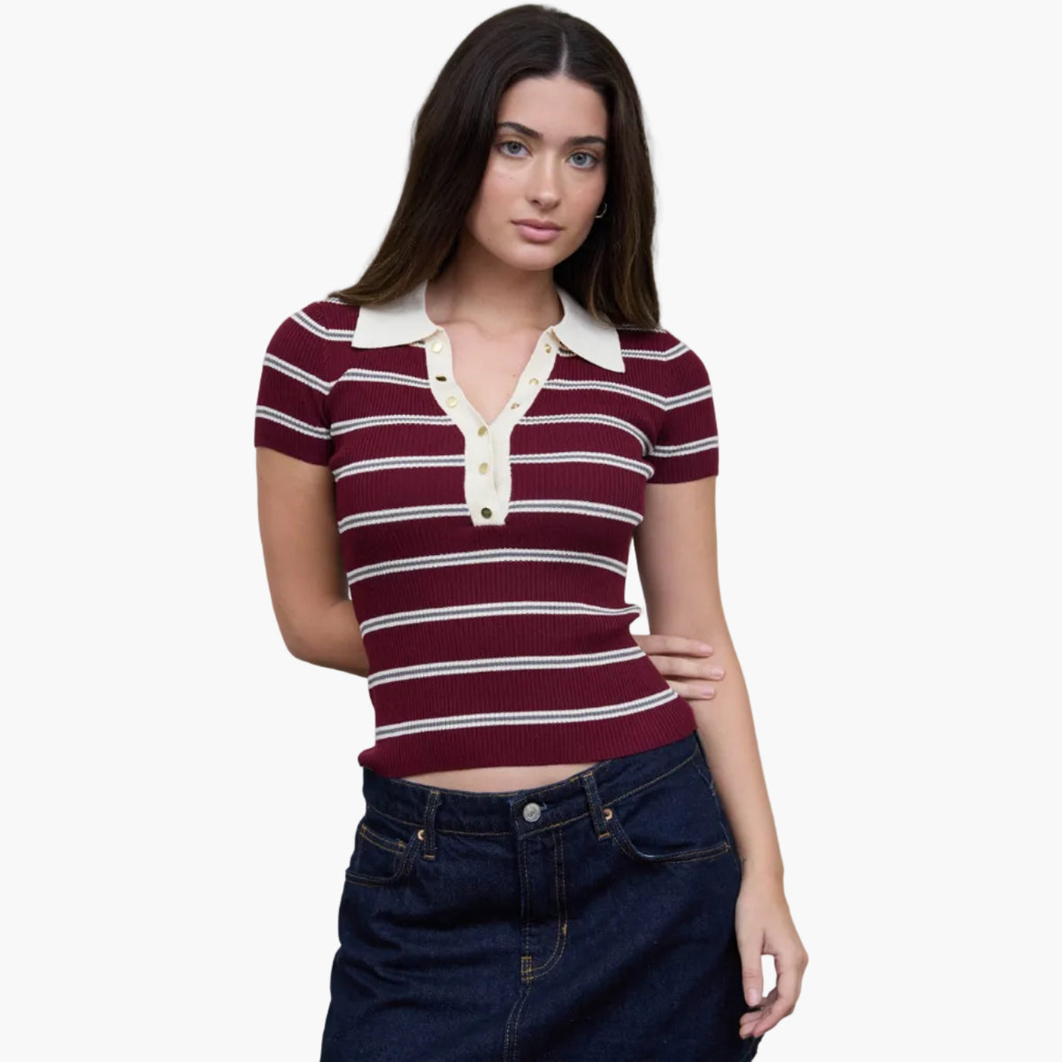 Oxblood Stripe Ribbed Contrast Polo Knit Top