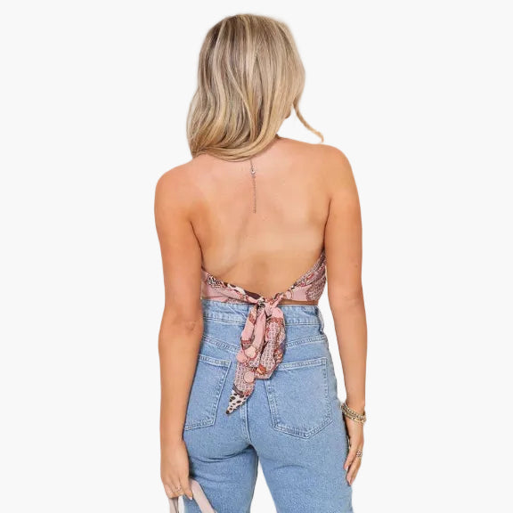 Scarf Print Halter Twist Crop Top
