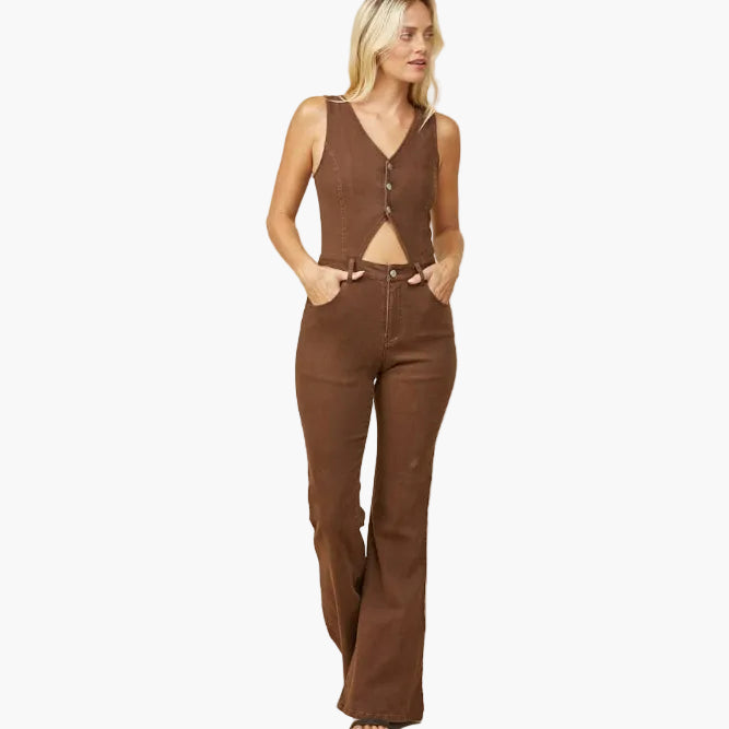 Boho Cut Out Bootcut Denim Jumpsuit