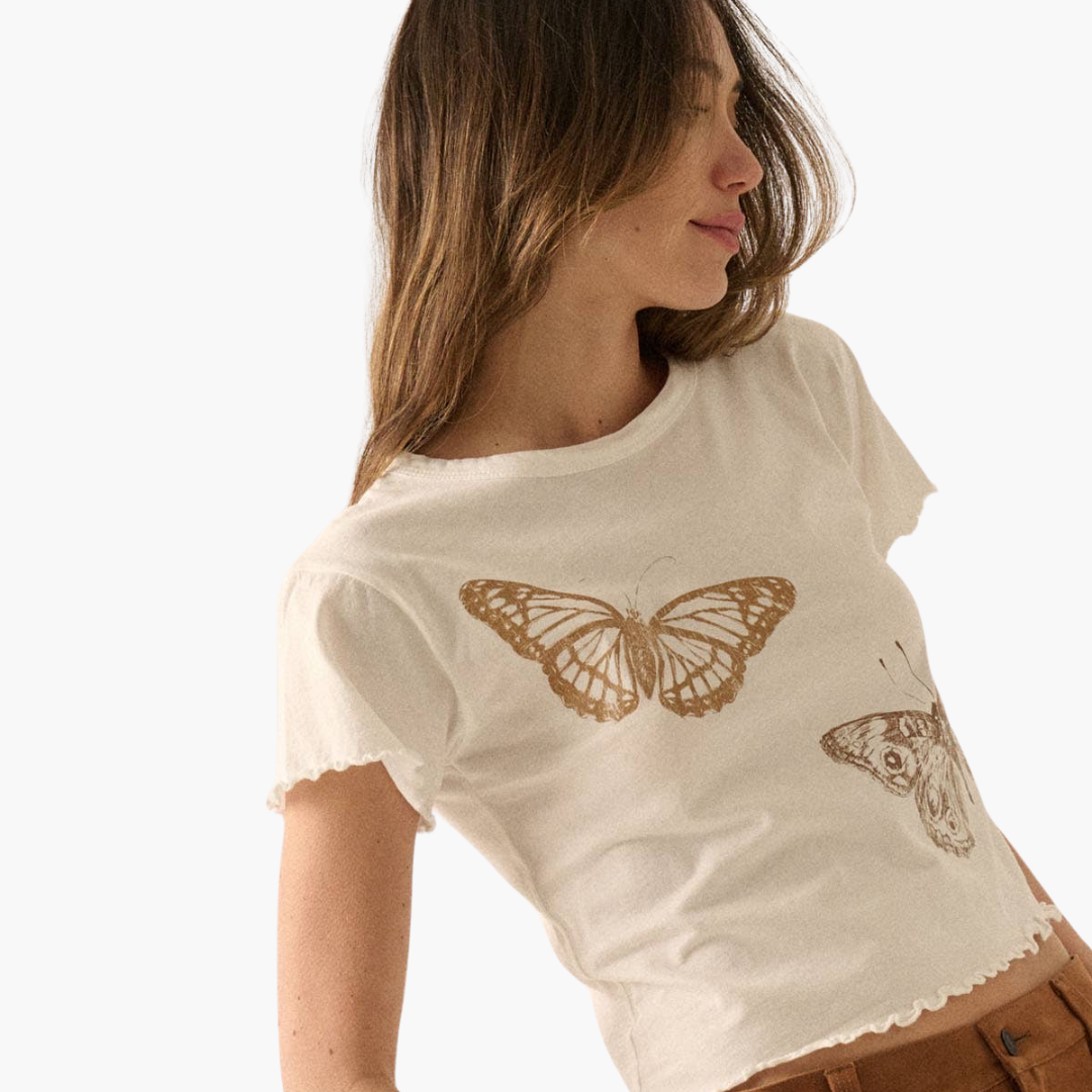 Butterflies Cropped Lettuce-Edge Graphic Baby Tee
