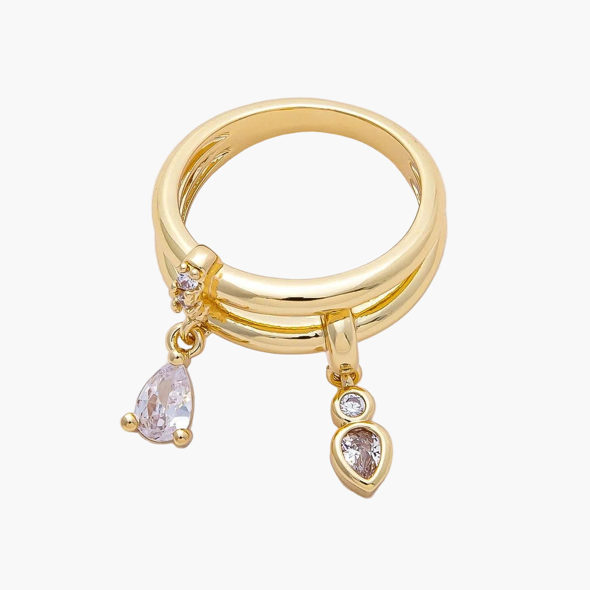 16K Gold Filled Clear Teardrop CZ Drop Double Band Ring