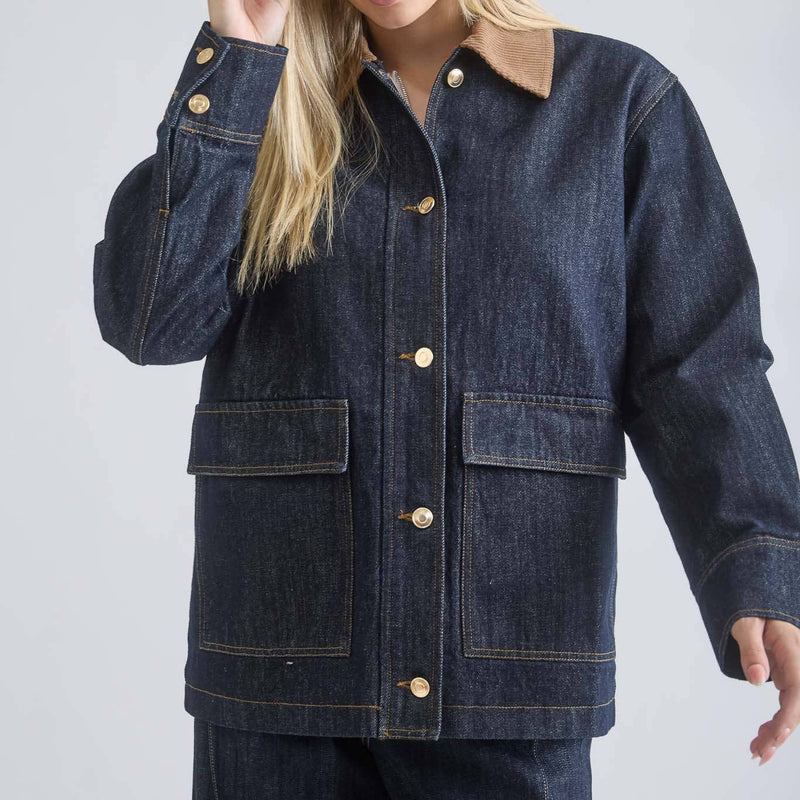 Corduroy Collar Pocket Detail Denim Jacket